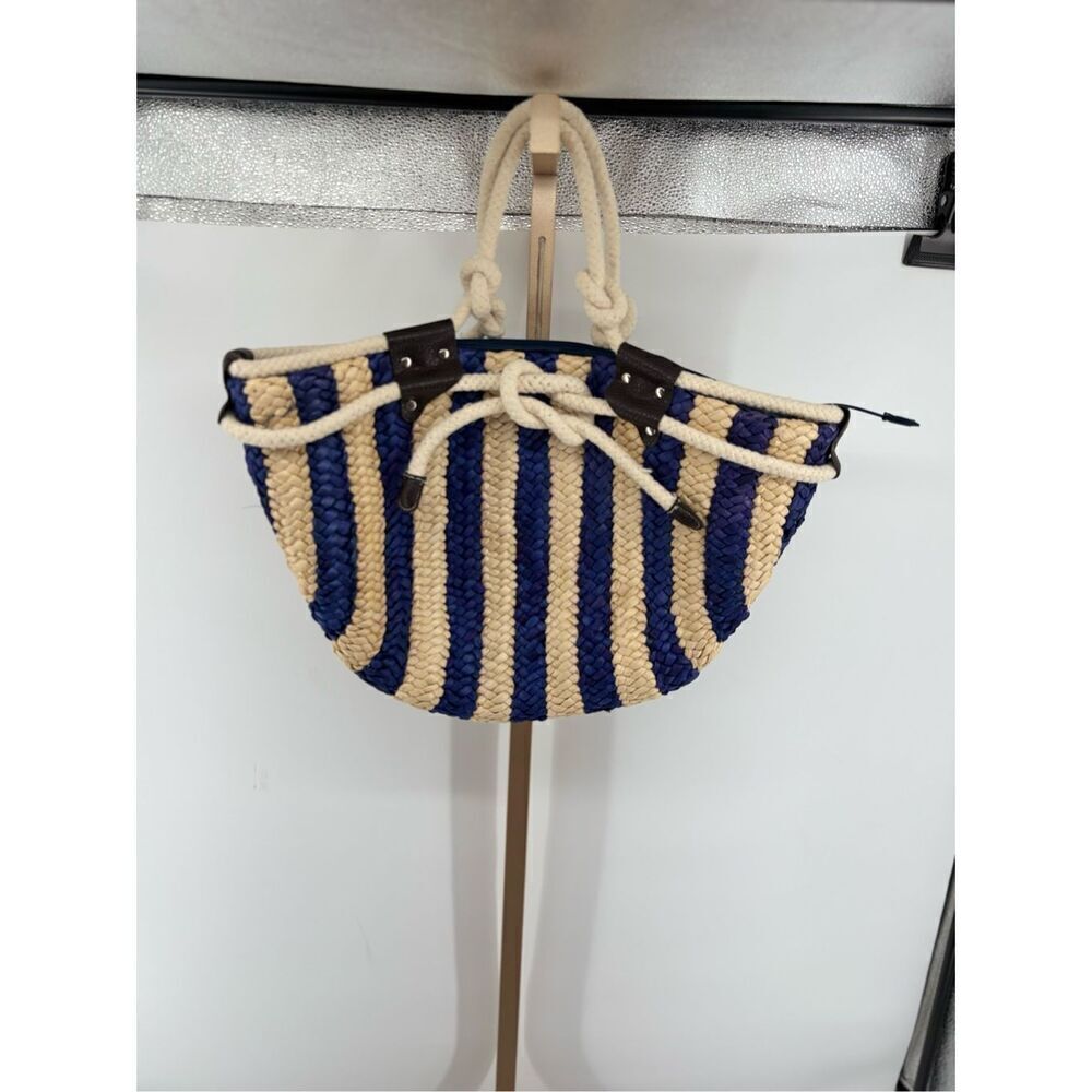 Sun N Sand Beach Tote Natural Navy Blue Stripe Woven Straw Rope Handle Lined Zip